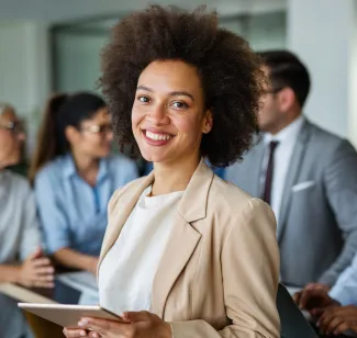 Lächelnde Frau mit Tablet im Verwaltungsbüro, im Hintergrund das Backoffice von PFLEGEN & WOHNEN HAMBURG.